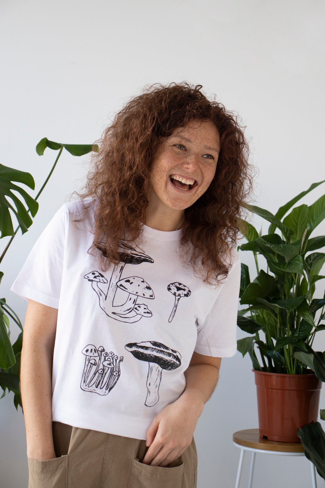 White vegan mushroom T-shirt