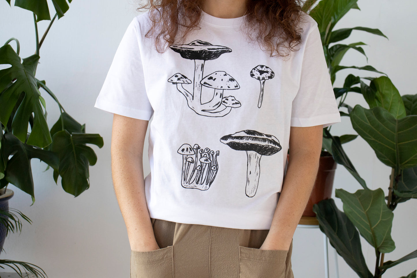 White vegan mushroom T-shirt